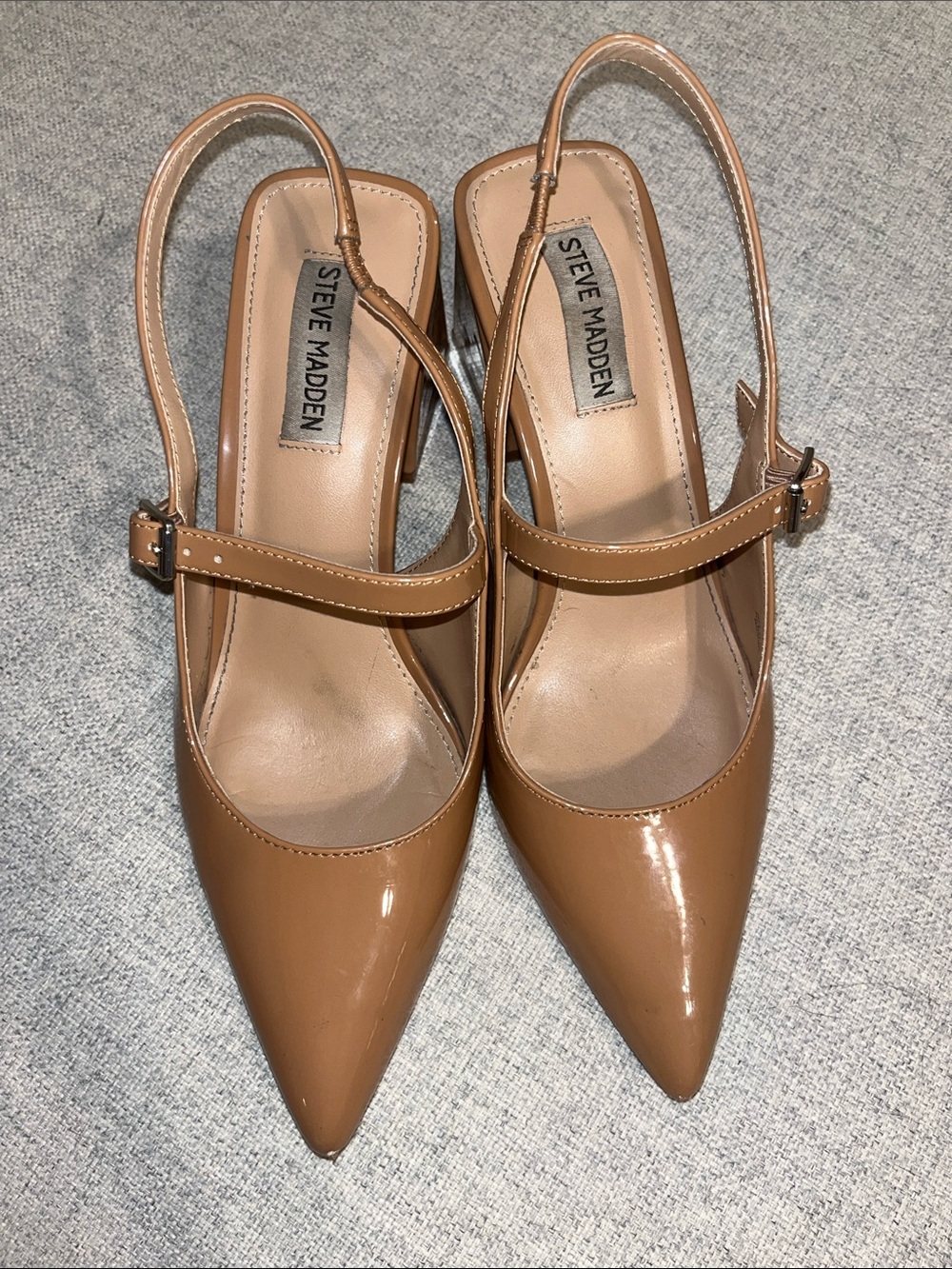 Steve Madden Camel Patent Pointed-Toe Slingback Pumps w Ankle Strap & Block Heel